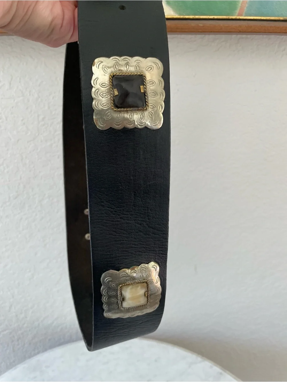Vintage Silver Tone Concho Black Leather Bone Inlay Belt Engraved Western Belt